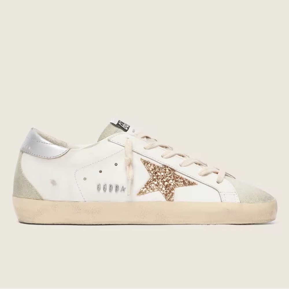 Golden goose Super-Star with gold glitter star and ice-gray suede inserts